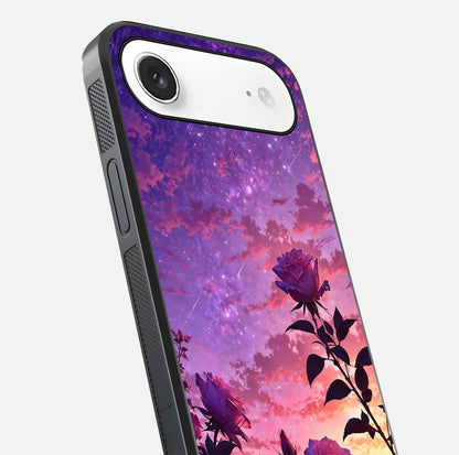 Starlit Rose Twilight Glass Case for iPhone Air  close-up angled shot highlighting rose detail and reflection