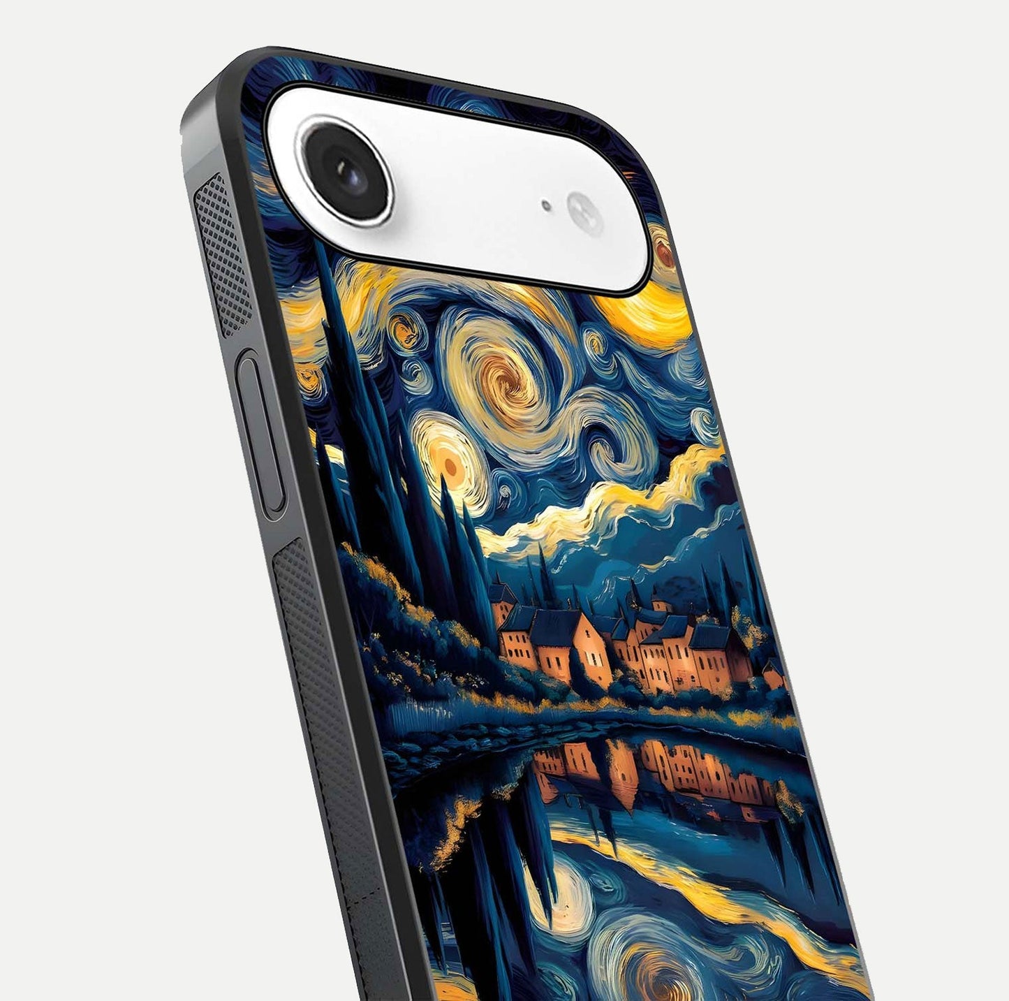 Starry Sky Serenity Glass Case for iPhone Air  close-up angled shot highlighting light reflection and blue hues