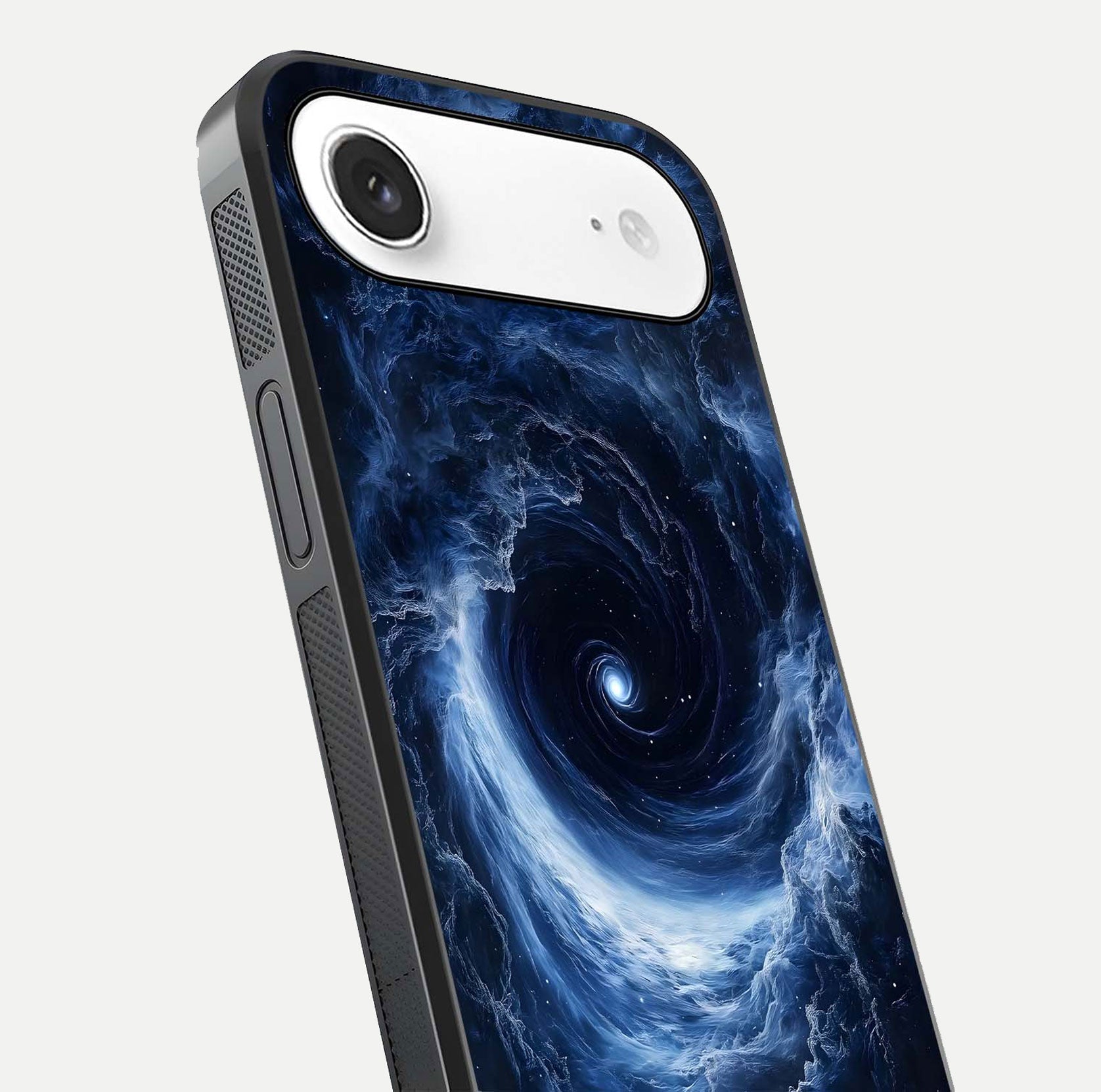 Stunning Galaxy Glass Case for iPhone Air  close-up angled shot highlighting nebula tones and HD reflection