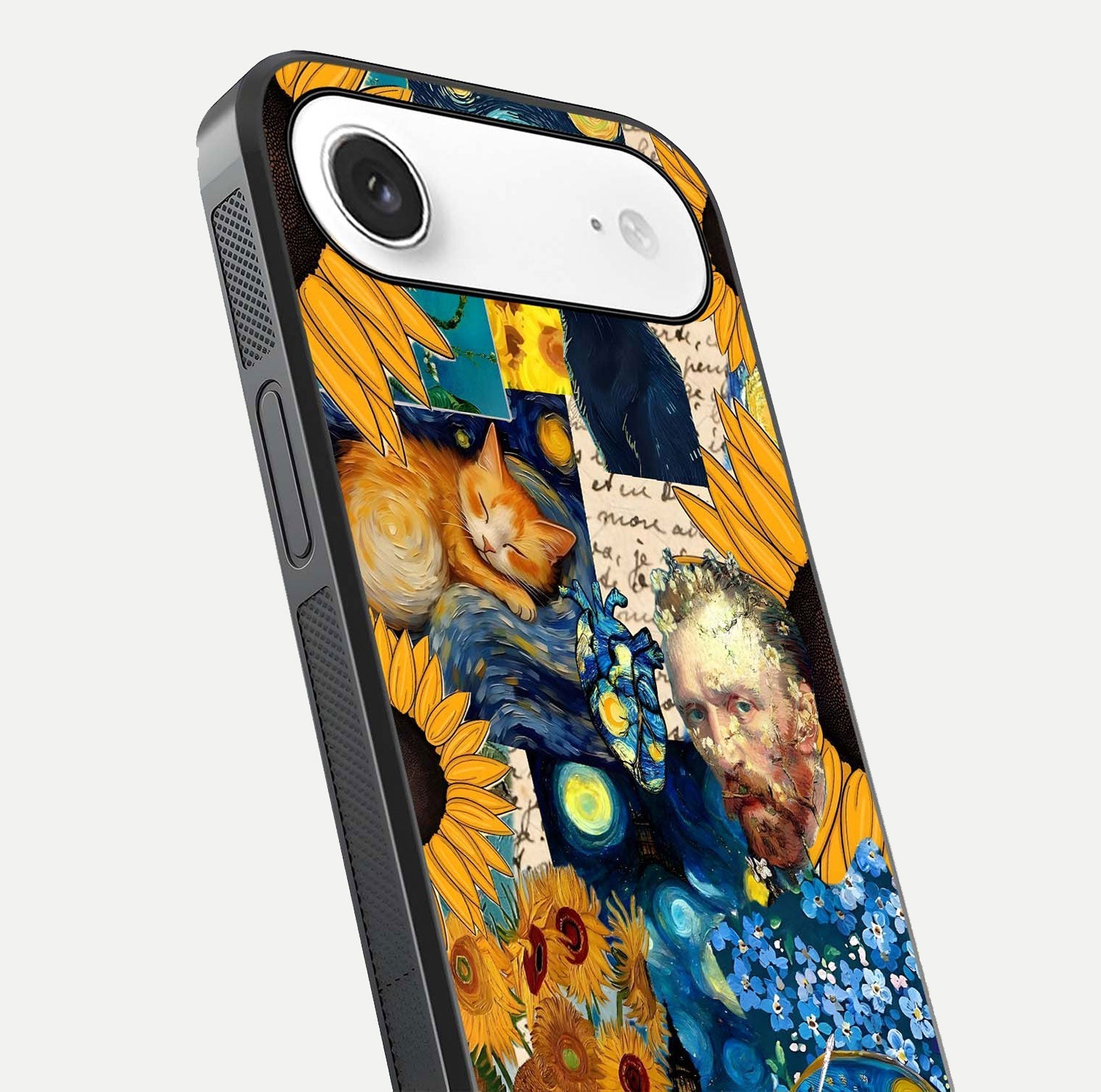 Sunflower Cat Art Glass Case for iPhone Air  close-up angled shot highlighting yellow tones and art reflection
