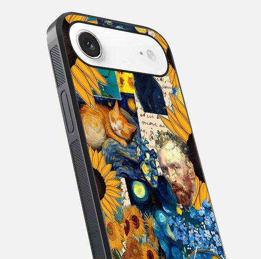 Sunflower Cat Art Glass Case for iPhone Air  close-up angled shot highlighting yellow tones and art reflection