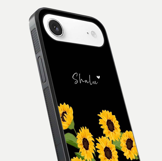 Sunflower Chic Mood Custom Name Glass Case for iPhone Air  close-up angled shot showing HD sunflower pattern