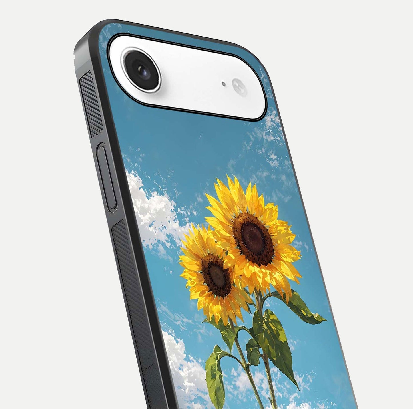 Sunflower Sky Bloom Glass Case for iPhone Air  close-up angled shot highlighting petal details and reflection