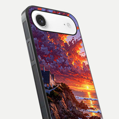 Sunset House by Sea Glass Case for iPhone Air  close-up angled shot highlighting sunset tones and water glow