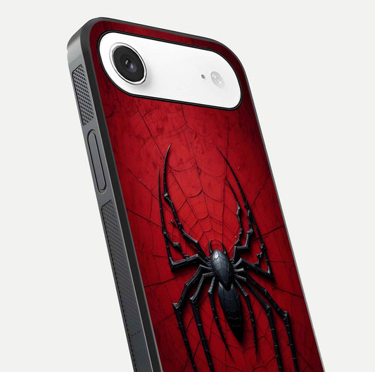 Venom Web Emblem Glass Case for iPhone Air  close-up angled shot highlighting sharp logo lines and reflection