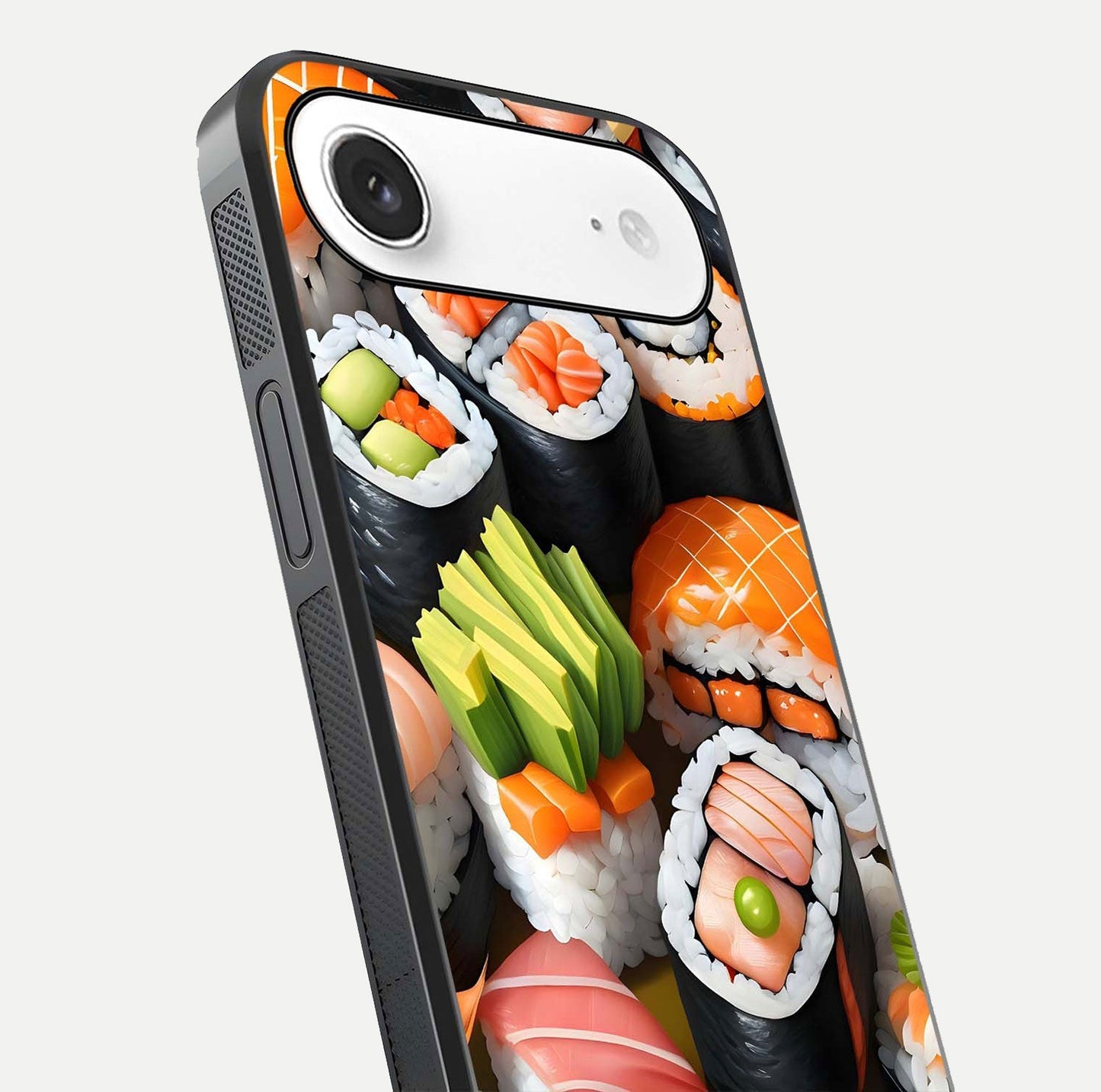 Sushi Food Pattern Glass Case for iPhone Air  close-up angled shot highlighting colorful sushi prints and reflection