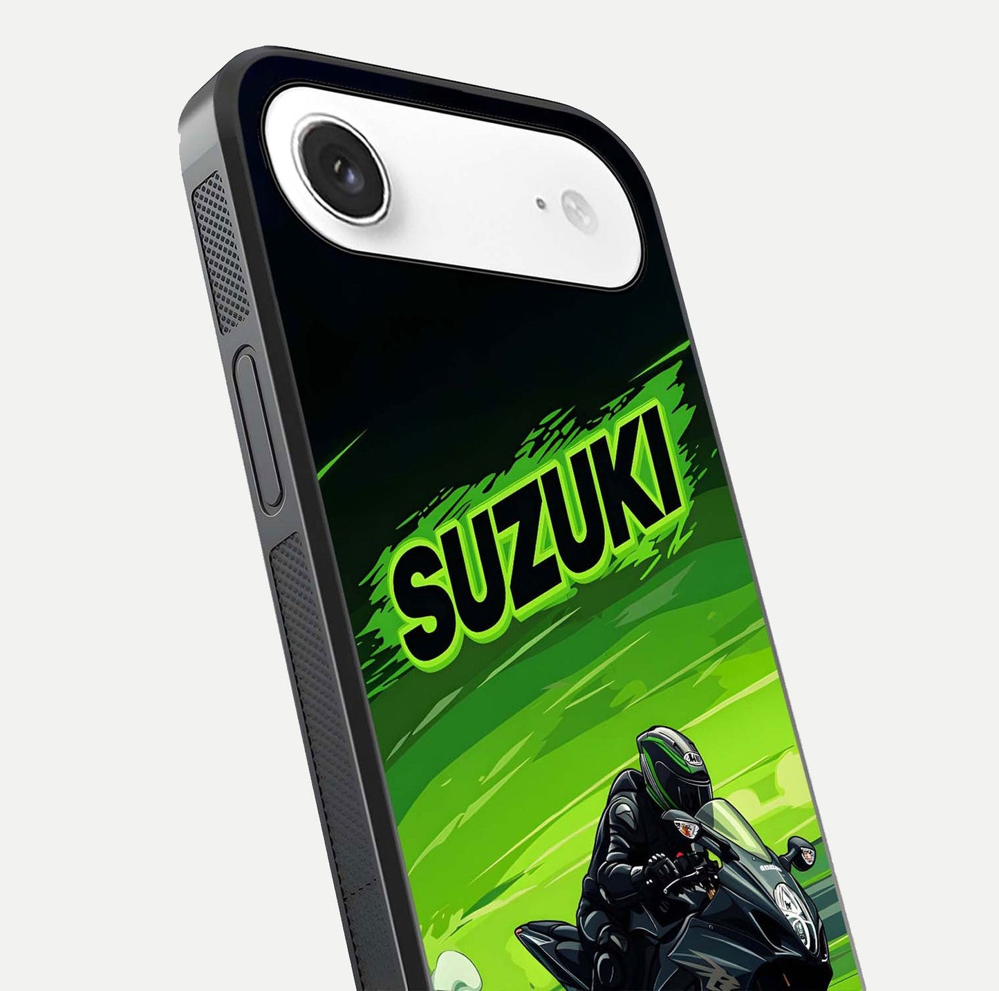 Suzuki Speed Beast Glass Case for iPhone Air  close-up angled shot highlighting bold tones and reflection