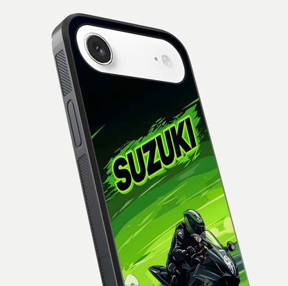 Suzuki Speed Beast Glass Case for iPhone Air  close-up angled shot highlighting bold tones and reflection