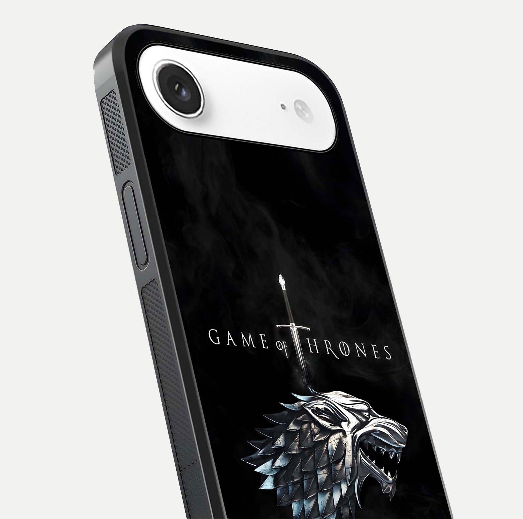 Throne Wolf Legacy Glass Case for iPhone Air  close-up angled shot highlighting fur texture and reflection