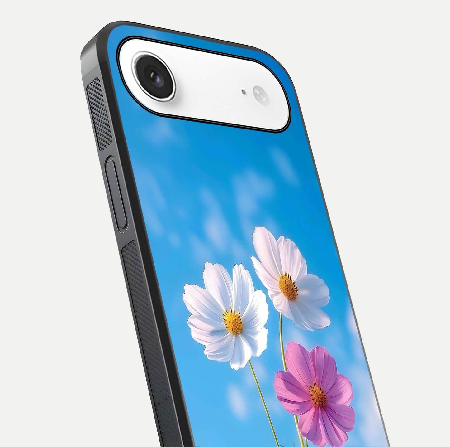 Triple Flowers With Sky Glass Case for iPhone Air  close-up angled shot highlighting petal and reflection details
