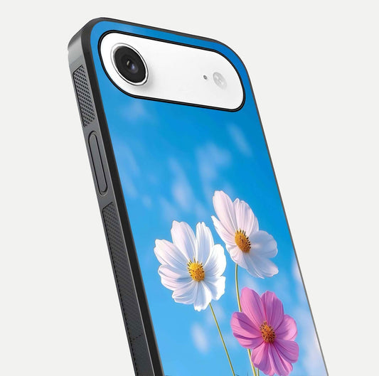 Triple Flowers With Sky Glass Case for iPhone Air  close-up angled shot highlighting petal and reflection details