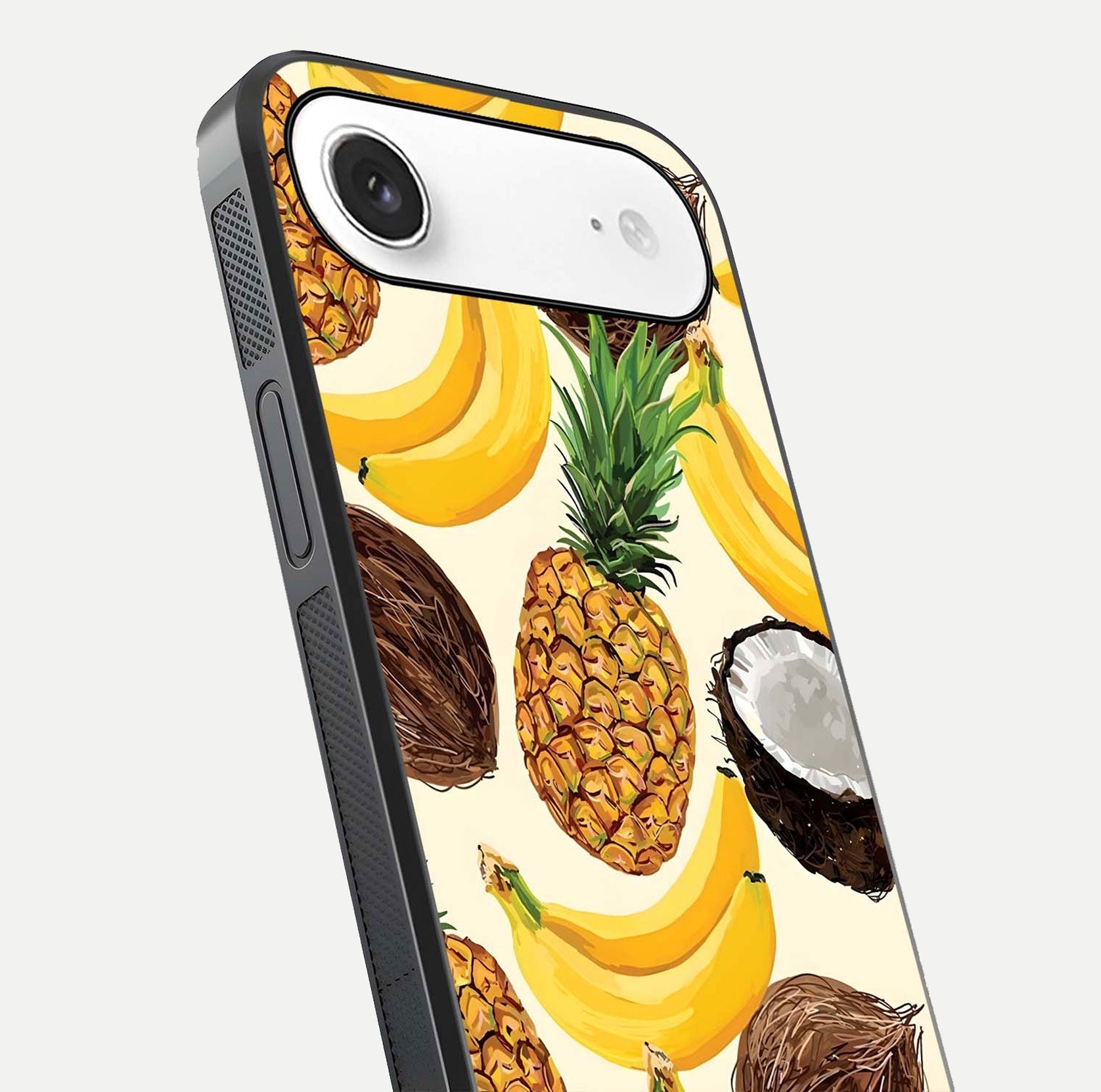 Tropical Fruit Mood Glass Case for iPhone Air  close-up angled shot highlighting fruit texture and reflection