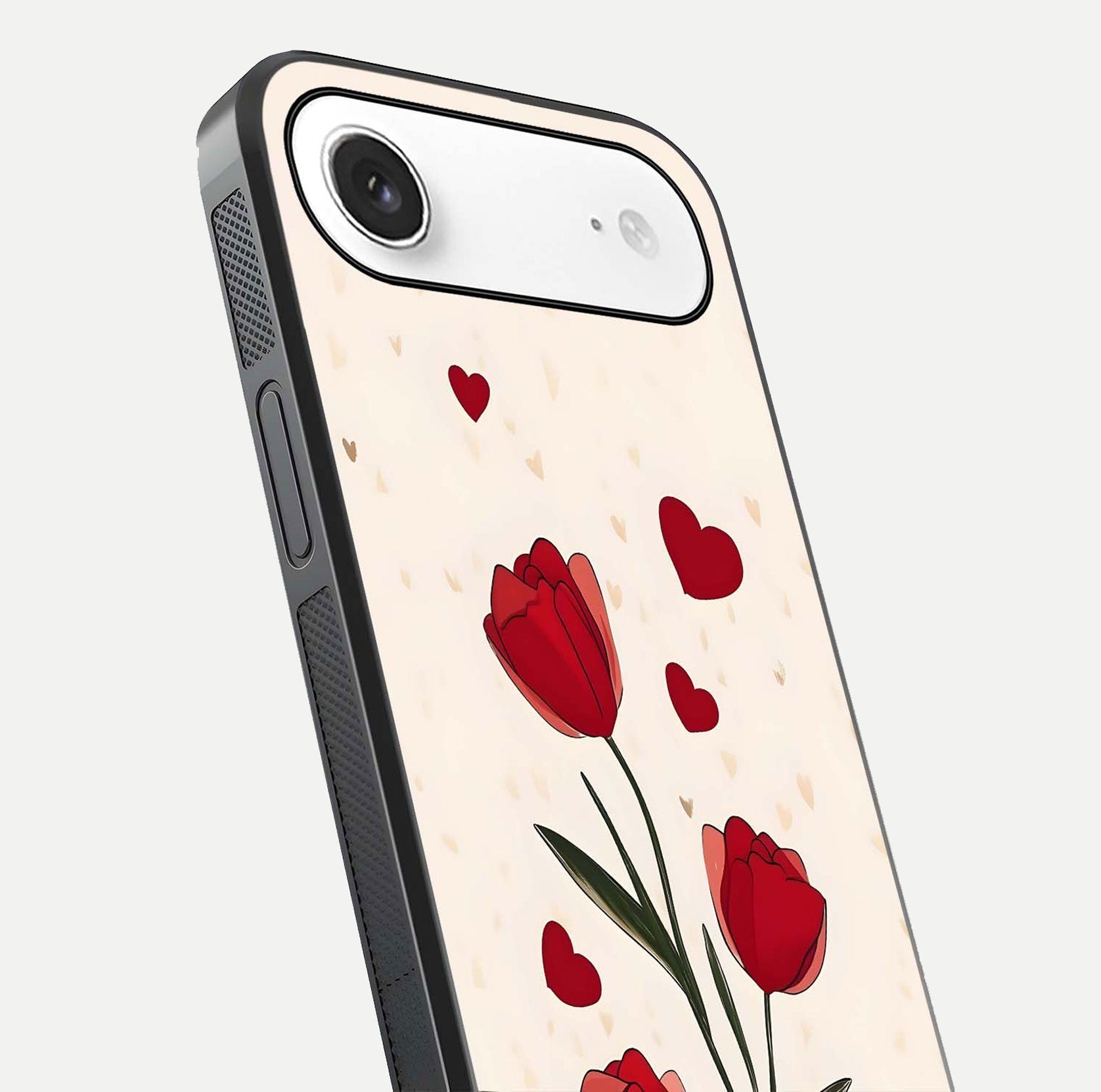 Tulip With Heart Glass Case for iPhone Air  close-up angled shot highlighting petal details and reflection