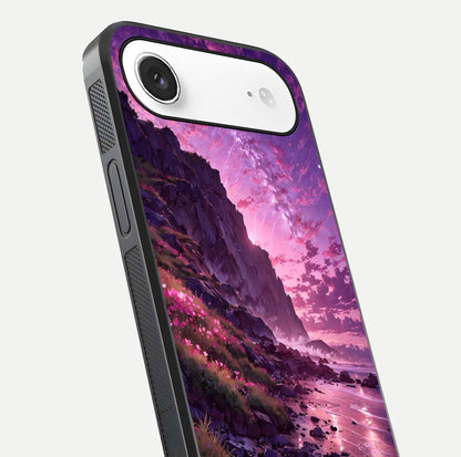 Twilight Blossom Coast Glass Case for iPhone Air  close-up angled shot highlighting gradient sky and reflection