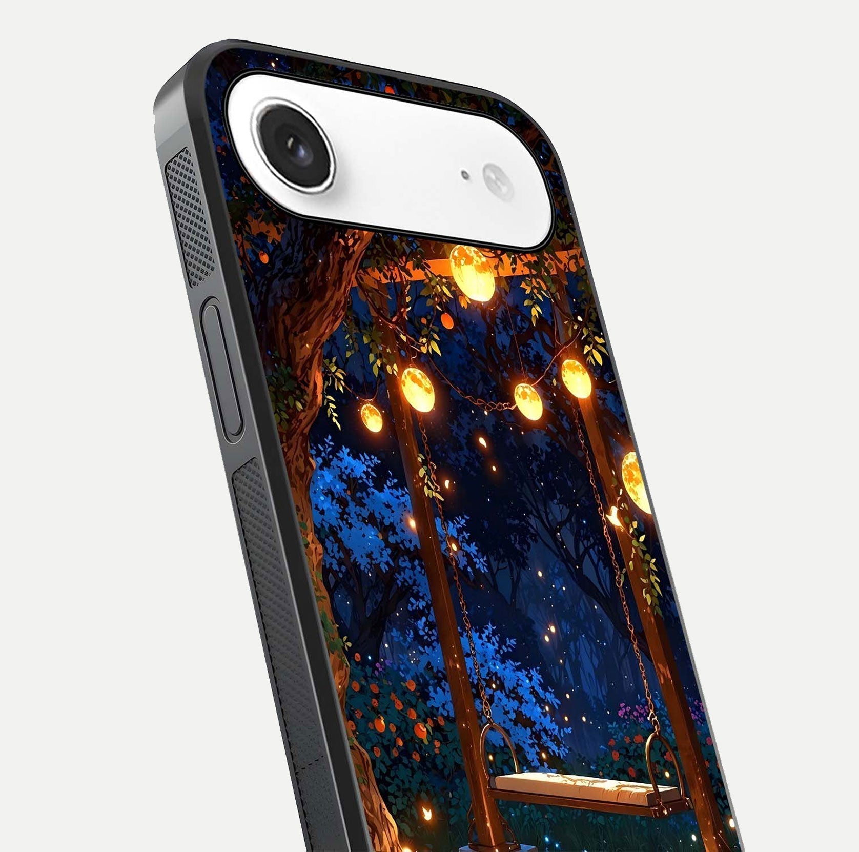 Twilight Garden Swing Glass Case for iPhone Air  close-up angled shot highlighting floral tones and reflection