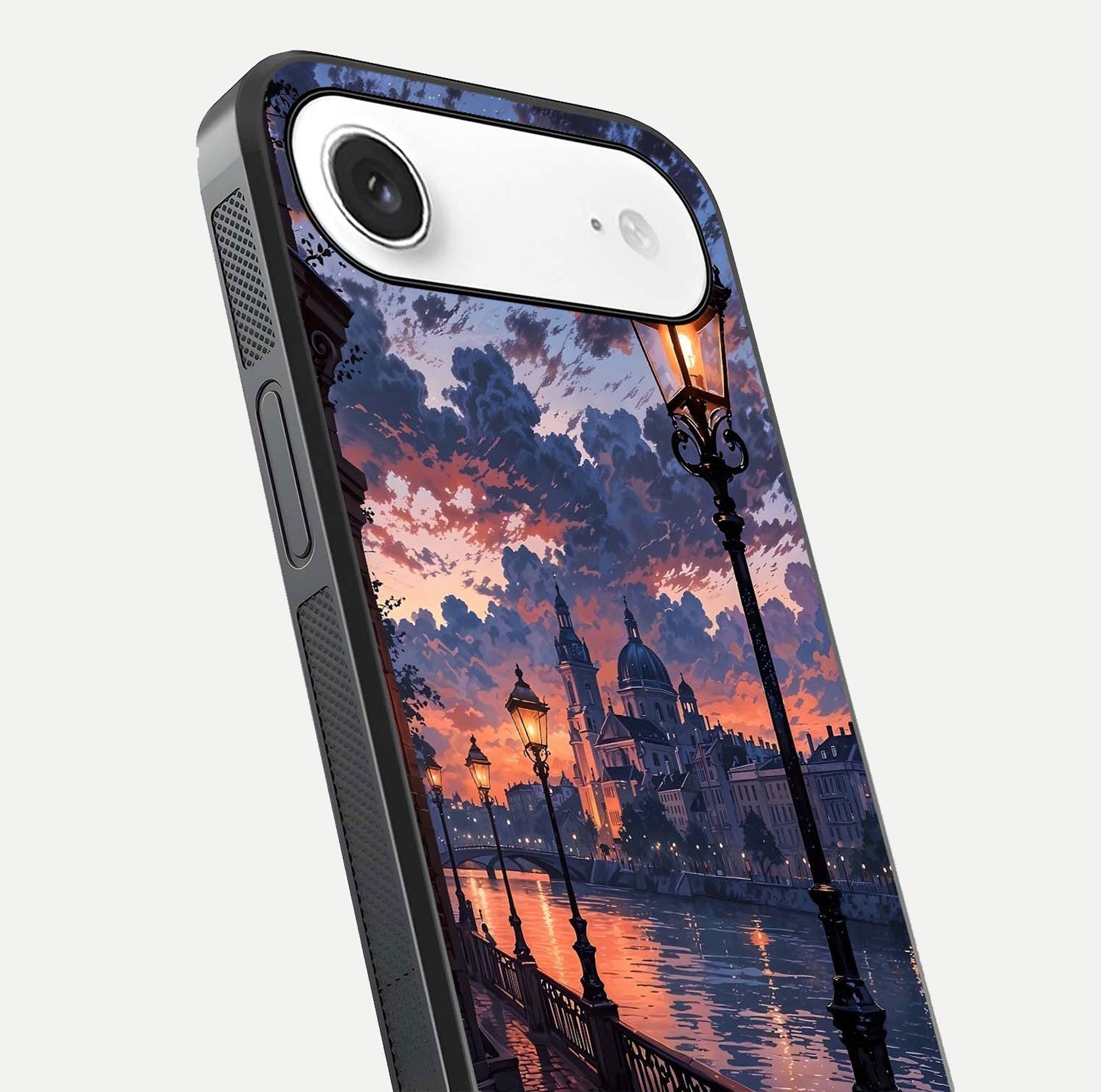Twilight River Lights Glass Case for iPhone Air  close-up angled shot highlighting river reflections and color tones