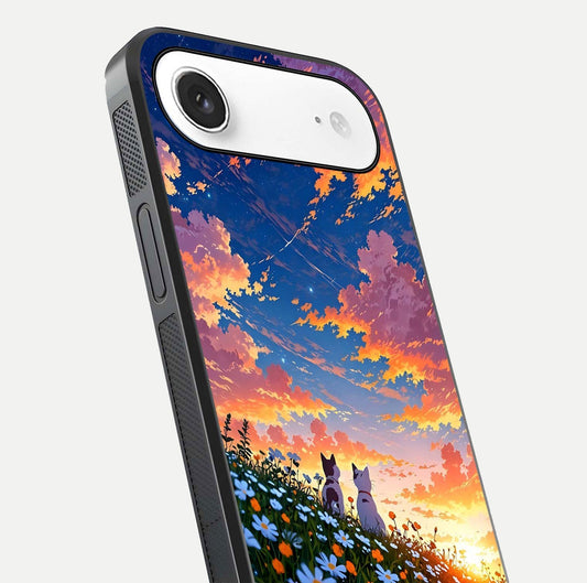 Two Cats Friends Glass Case for iPhone Air  close-up angled shot highlighting cat illustrations and soft reflection