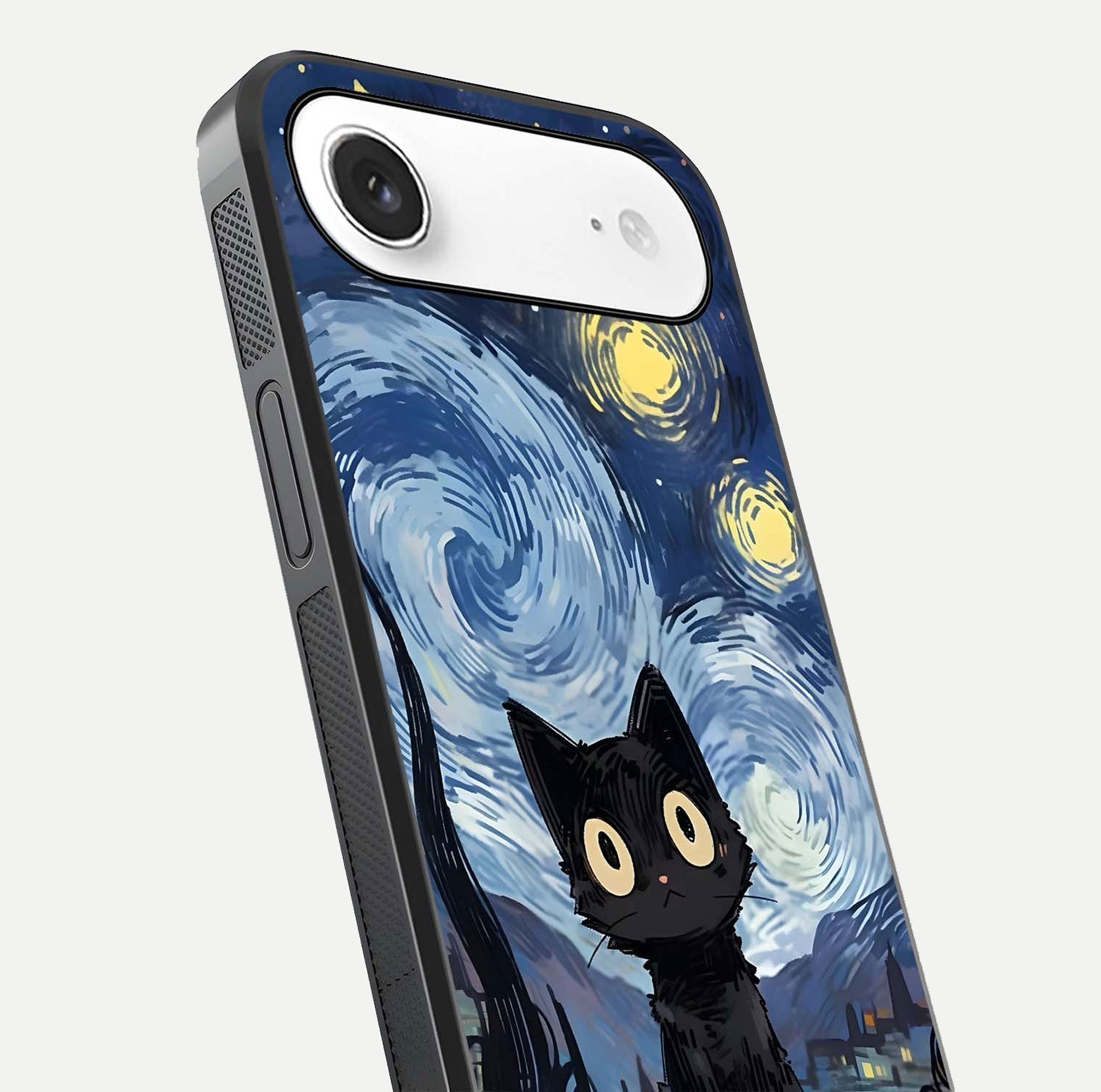 Van Gogh Cat Glass Case for iPhone Air  close-up angled shot highlighting brushstroke texture and reflection