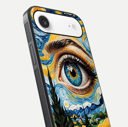 Van Gogh Eye Glass Case for iPhone Air  close-up angled shot highlighting color blend and gloss reflection