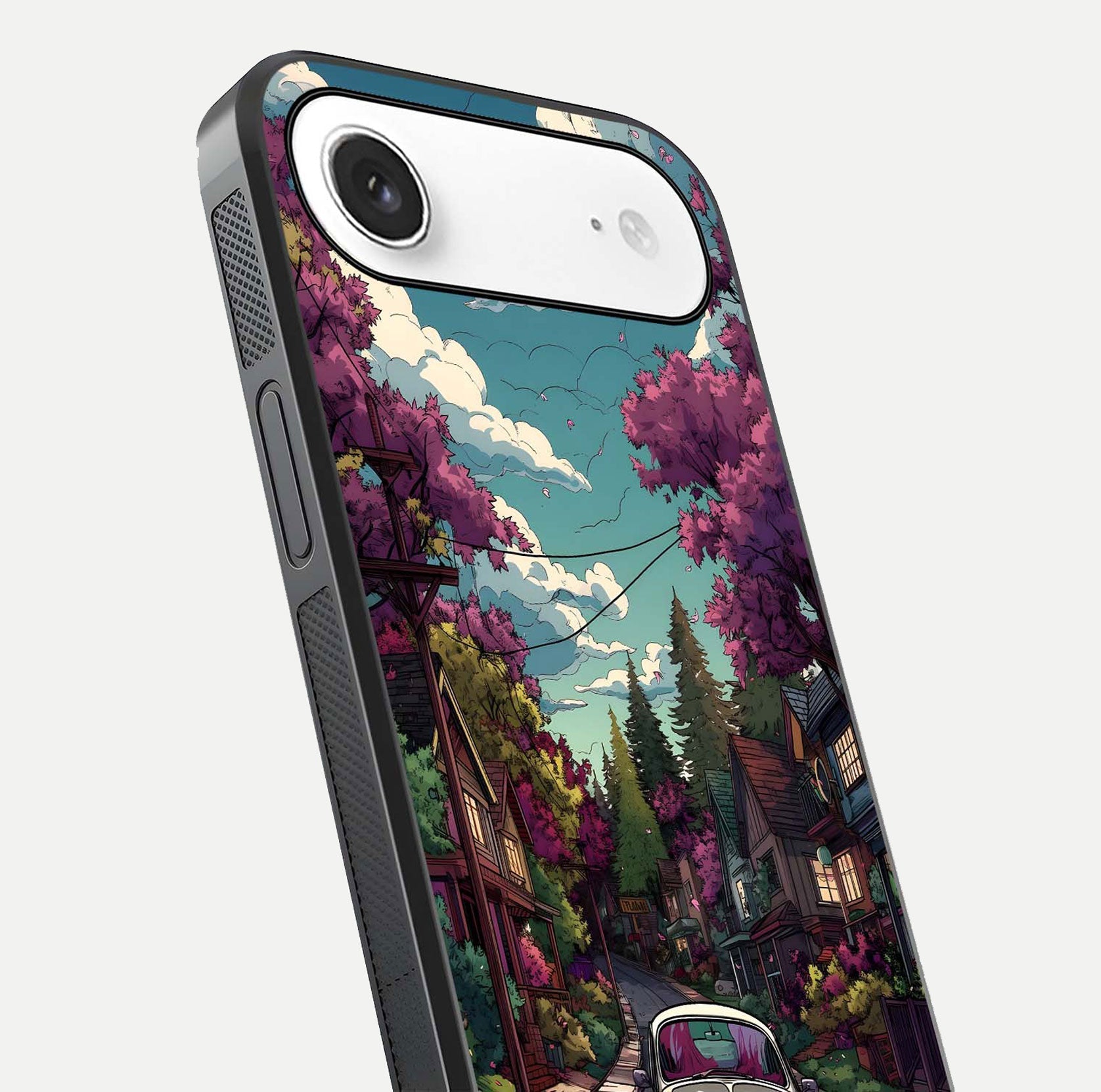 Vintage Street Drive Glass Case for iPhone Air  close-up angled shot highlighting vintage tones and reflection