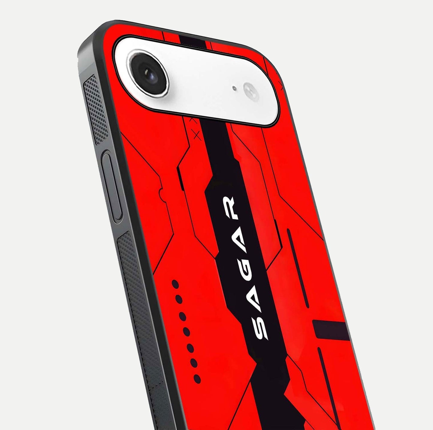 Voltage Rise CYBERPUNK Custom Name Glass Case for iPhone Air  close-up angled shot highlighting neon glow and reflection