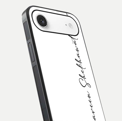 White Tune Custom Name Glass Case for iPhone Air  close-up angled shot highlighting gloss reflection and texture