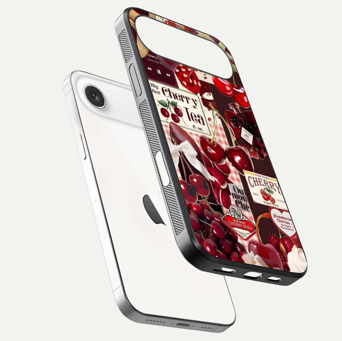 Aesthetic Cherry Tea Glass Case for iPhone Air  floating dual-view mockup showing edge design and detailed cherry pattern gloss texture