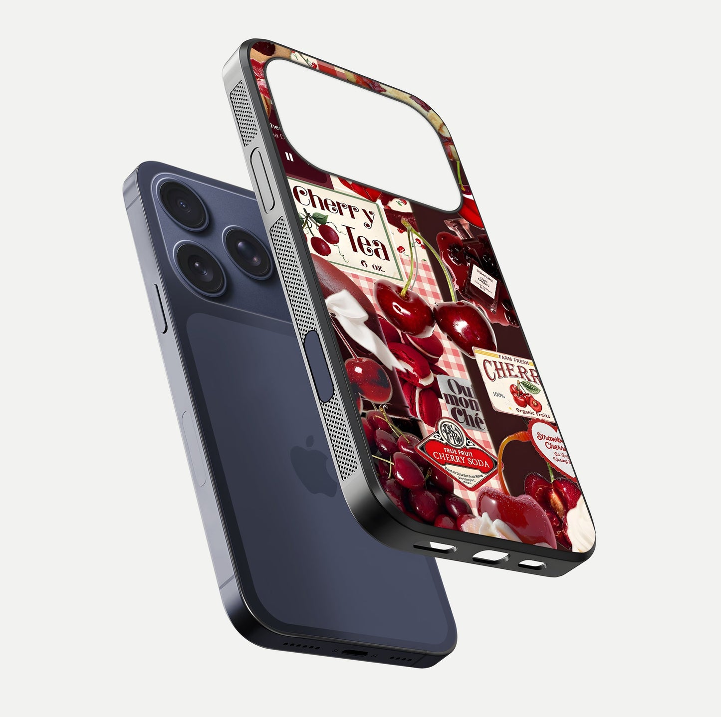 Aesthetic Cherry Tea Glass Case for iPhone 16 Pro floating dual-view mockup showing edge design and detailed cherry pattern gloss texture