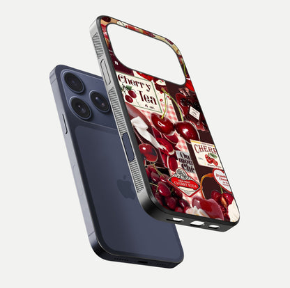 Aesthetic Cherry Tea Glass Case for iPhone 16 Pro floating dual-view mockup showing edge design and detailed cherry pattern gloss texture