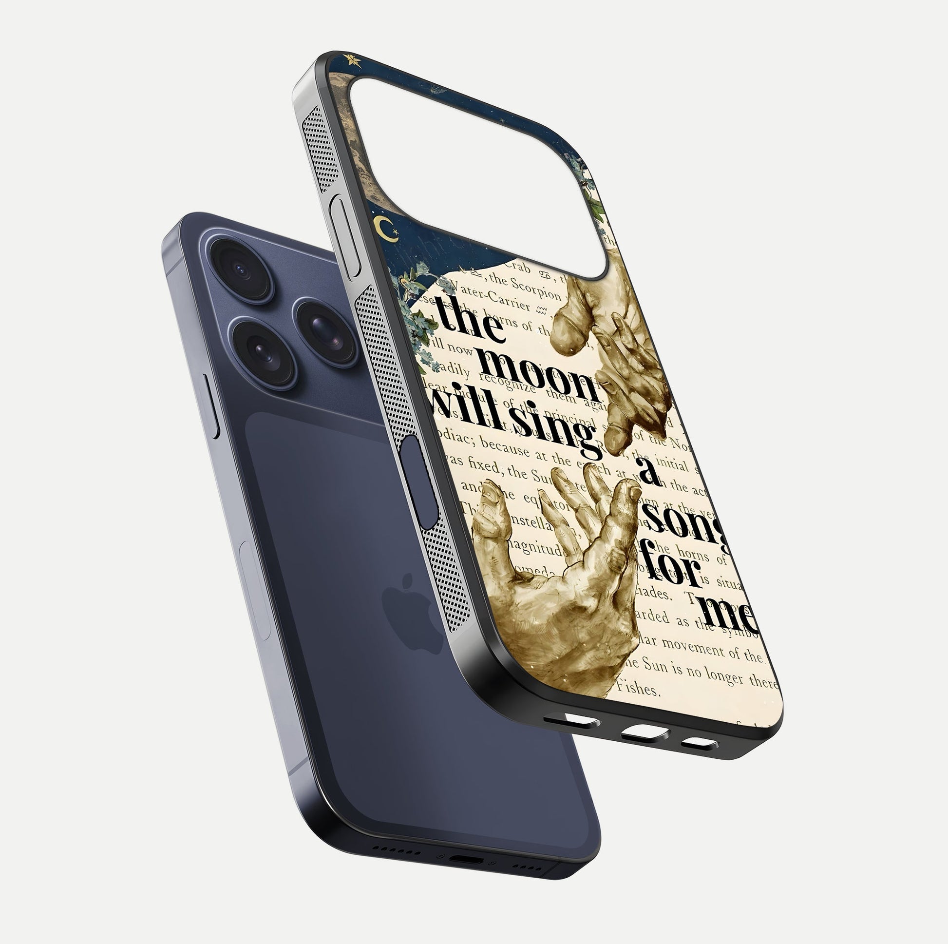 Aesthetic Divine Glass Case for iPhone 16 Pro floating dual-view mockup showing edge design and divine art gloss texture