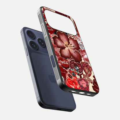 Aesthetic Little Freak Glass Case for iPhone 16 Pro floating dual-view mockup showing edge design and detailed collage gloss texture