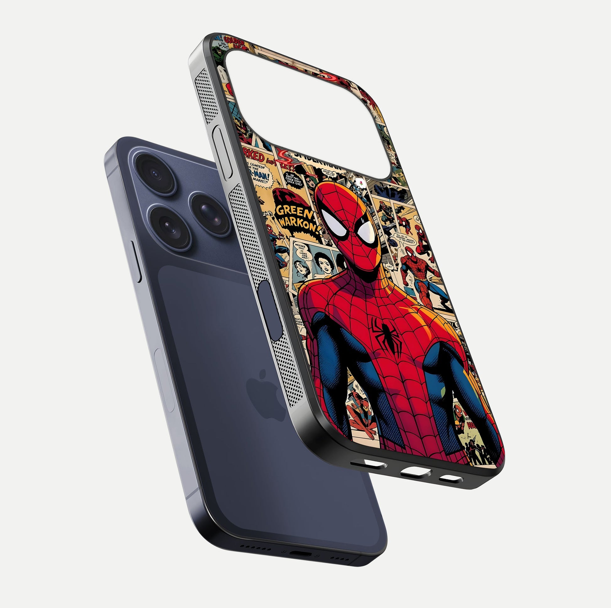 Aesthetic Spider Man Glass Case for iPhone 16 Pro floating dual-view mockup showing edge design and detailed Spider-Man gloss texture