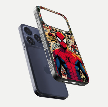 Aesthetic Spider Man Glass Case for iPhone 16 Pro floating dual-view mockup showing edge design and detailed Spider-Man gloss texture