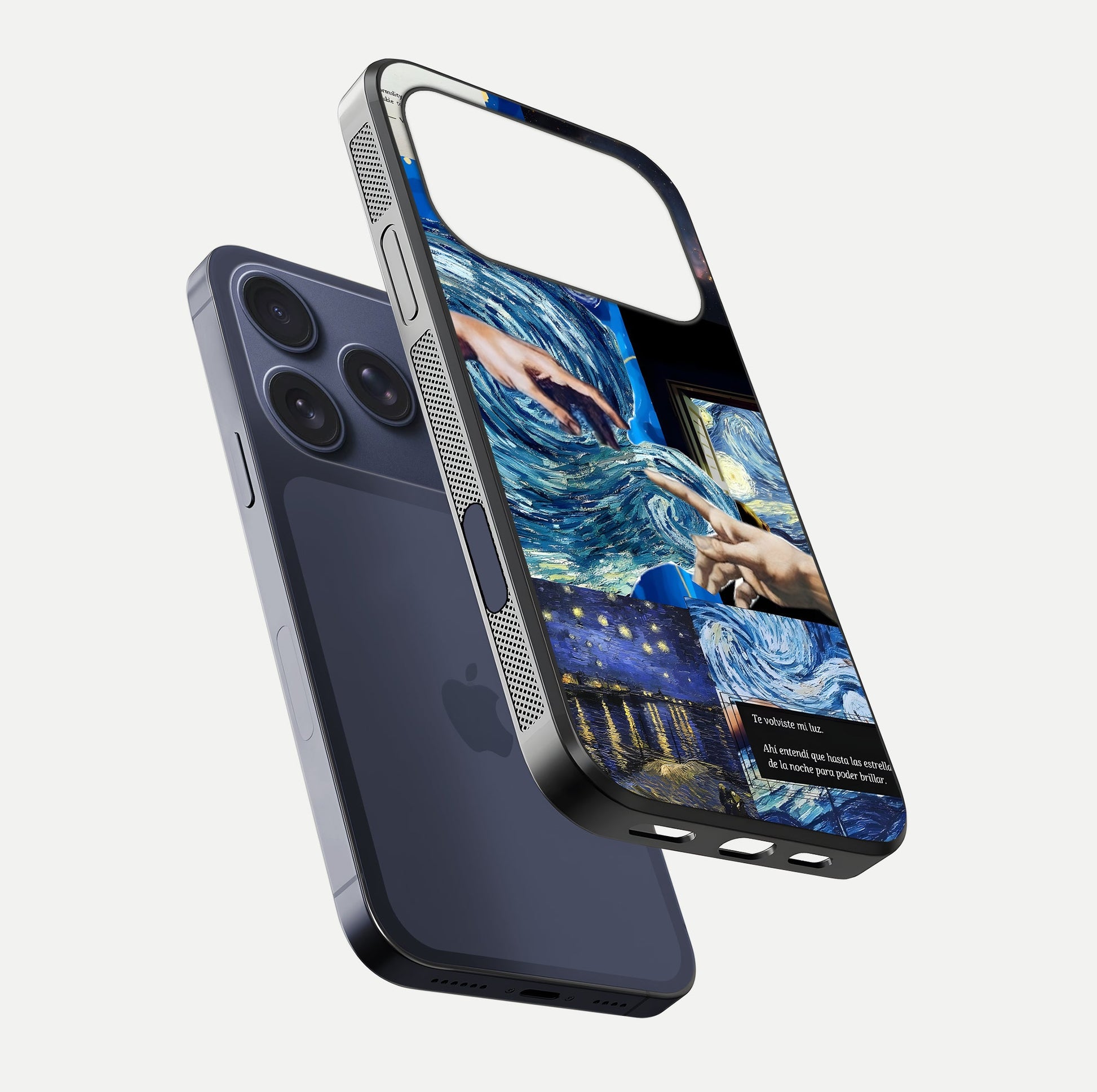 Aesthetic Vando Hands Glass Case for iPhone 16 Pro floating dual-view mockup showing slim edge profile and high-definition gloss