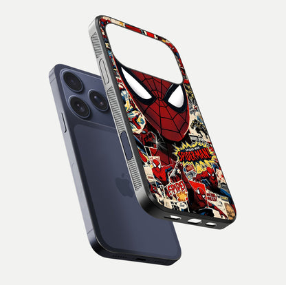 Aesthetic Wonder Spider Glass Case for iPhone 16 Pro floating mockup emphasizing superhero art and glossy reflection