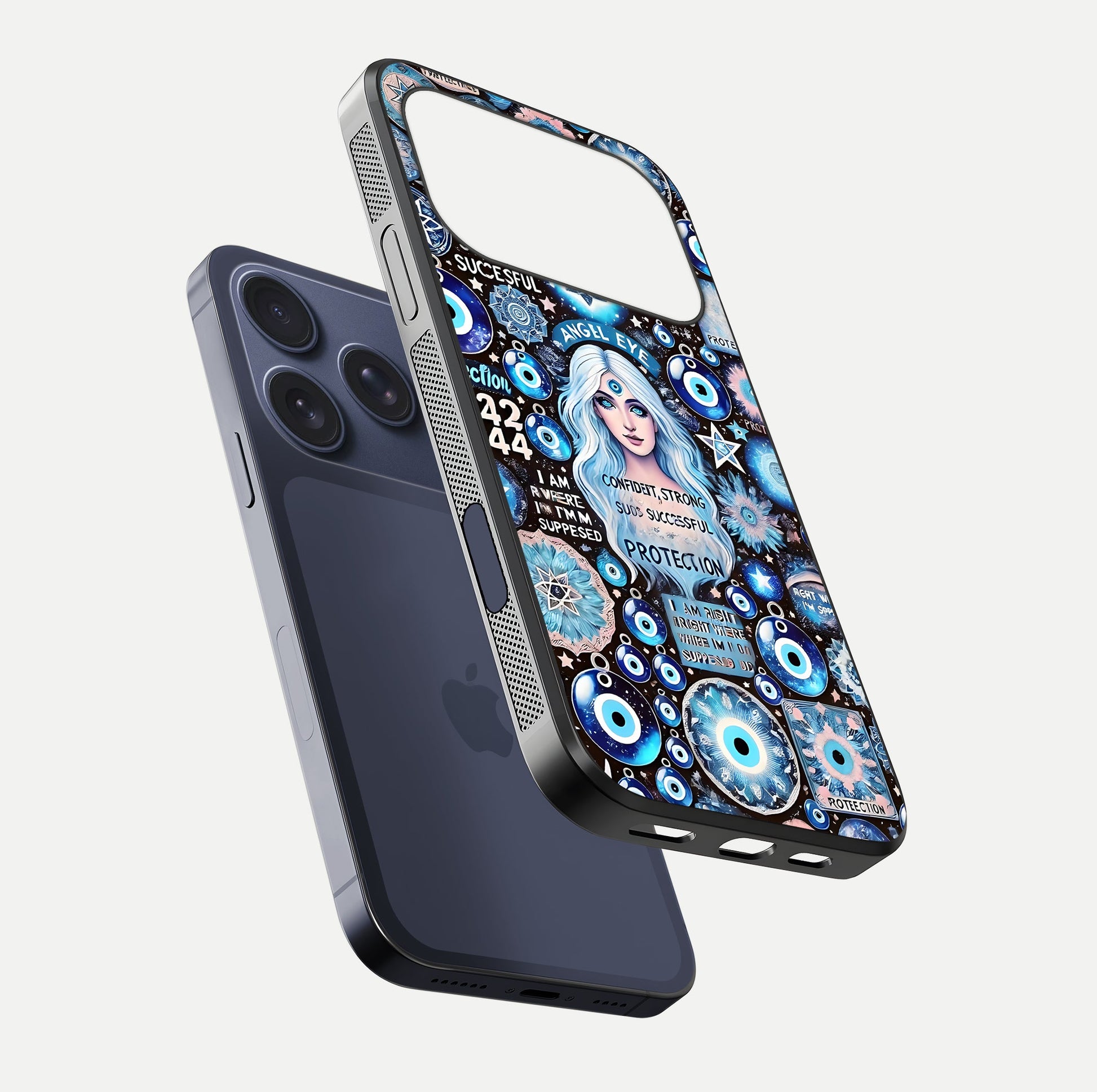 Angel Aura Shield Glass Case for iPhone 16 Pro floating angle showing light reflection and protective edge structure
