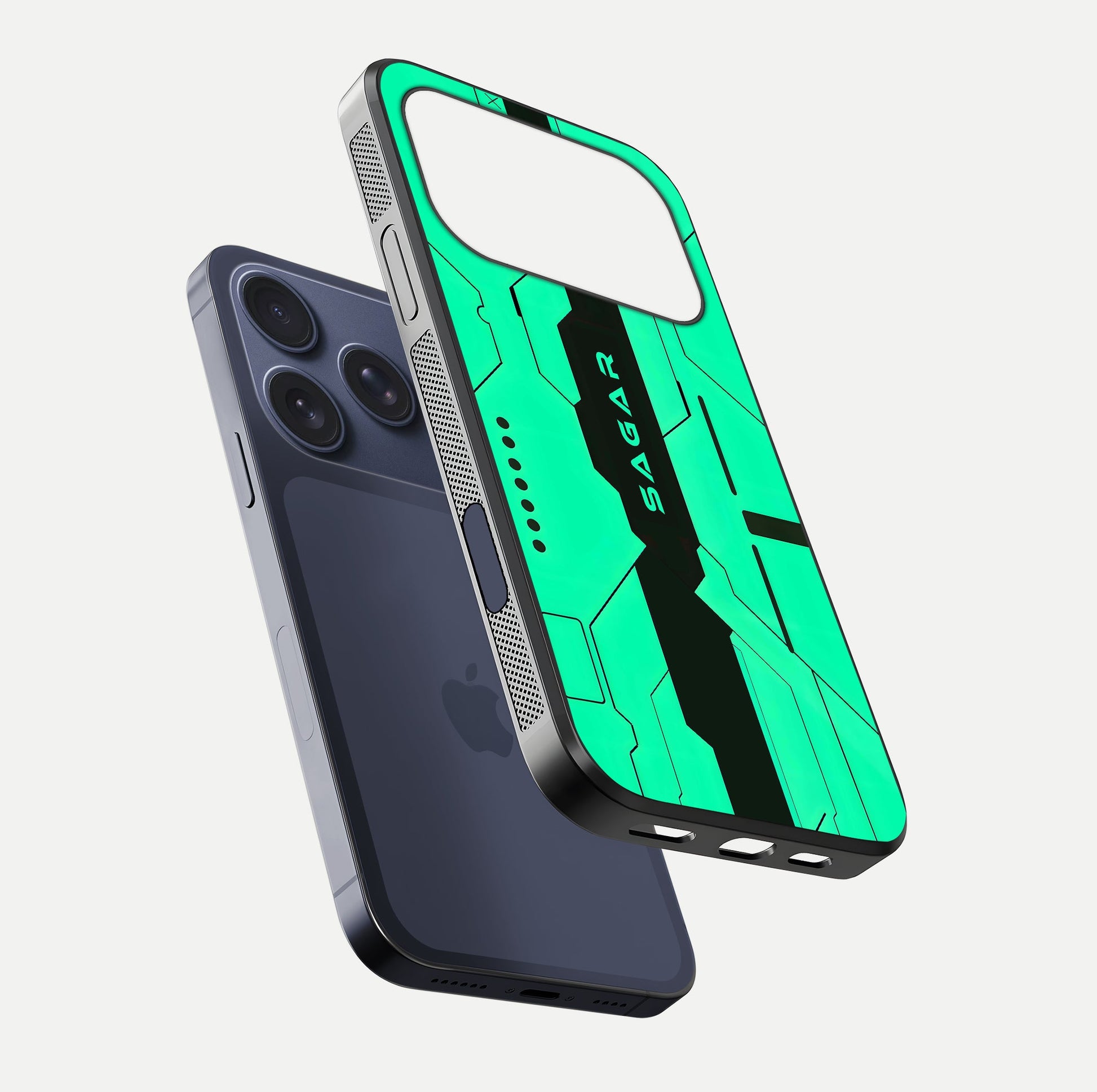 Aqua Tech CYBERPUNK Custom Name Glass Case for iPhone 16 Pro floating mockup highlighting name customization area