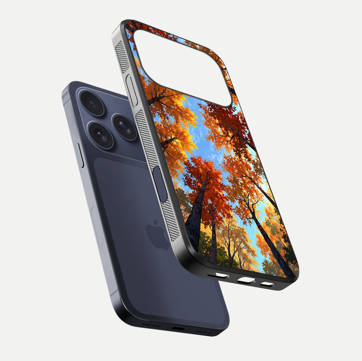 Autumn Sky Rise Glass Case for iPhone 16 Pro floating dual-view mockup with sky horizon and glossy highlights
