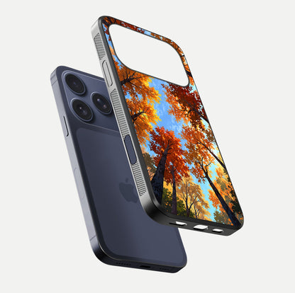 Autumn Sky Rise Glass Case for iPhone 16 Pro floating dual-view mockup with sky horizon and glossy highlights