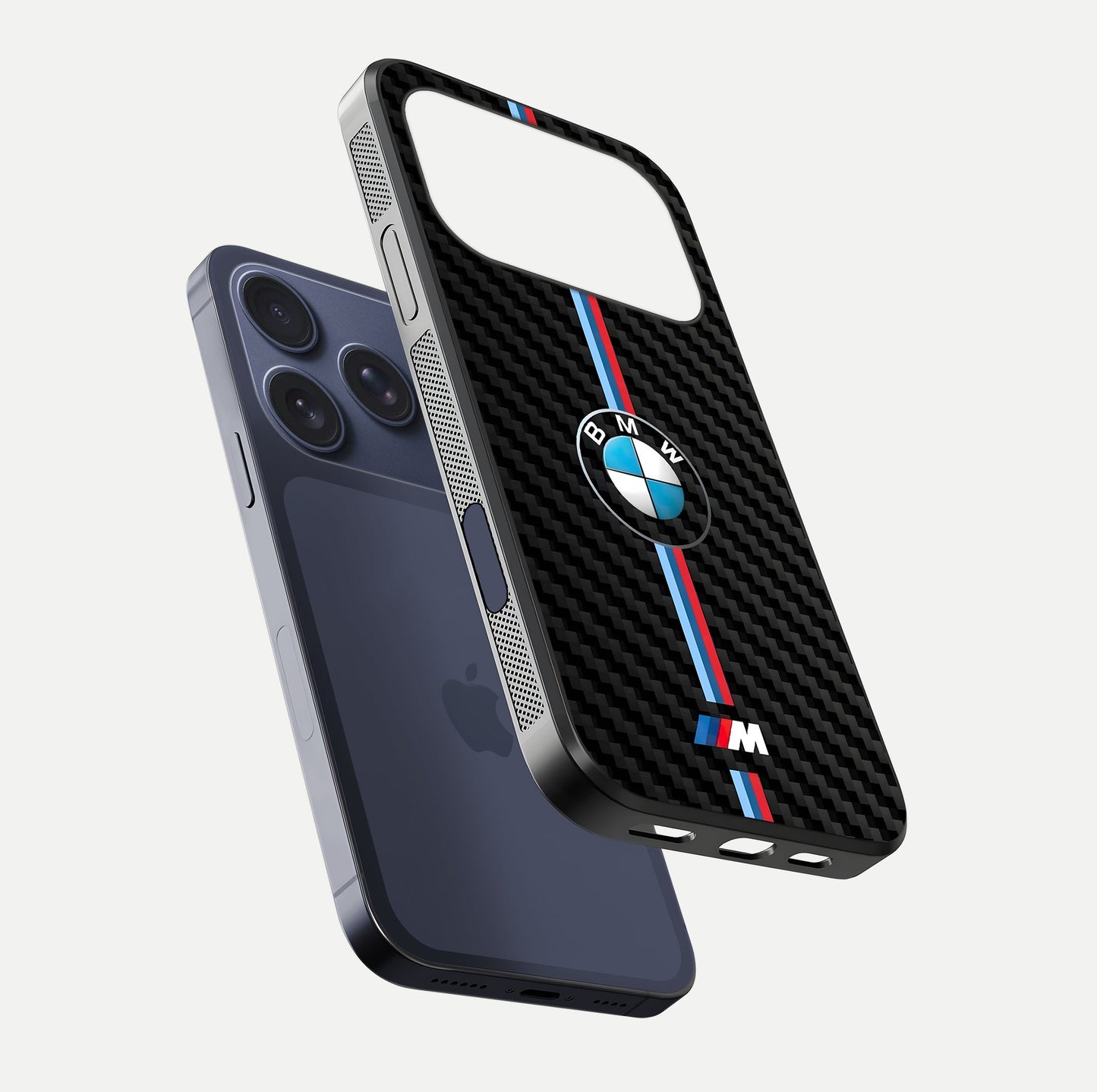 BMW Pattern Glass Case for iPhone 17 Pro floating mockup highlighting clean lines and metallic accent reflection