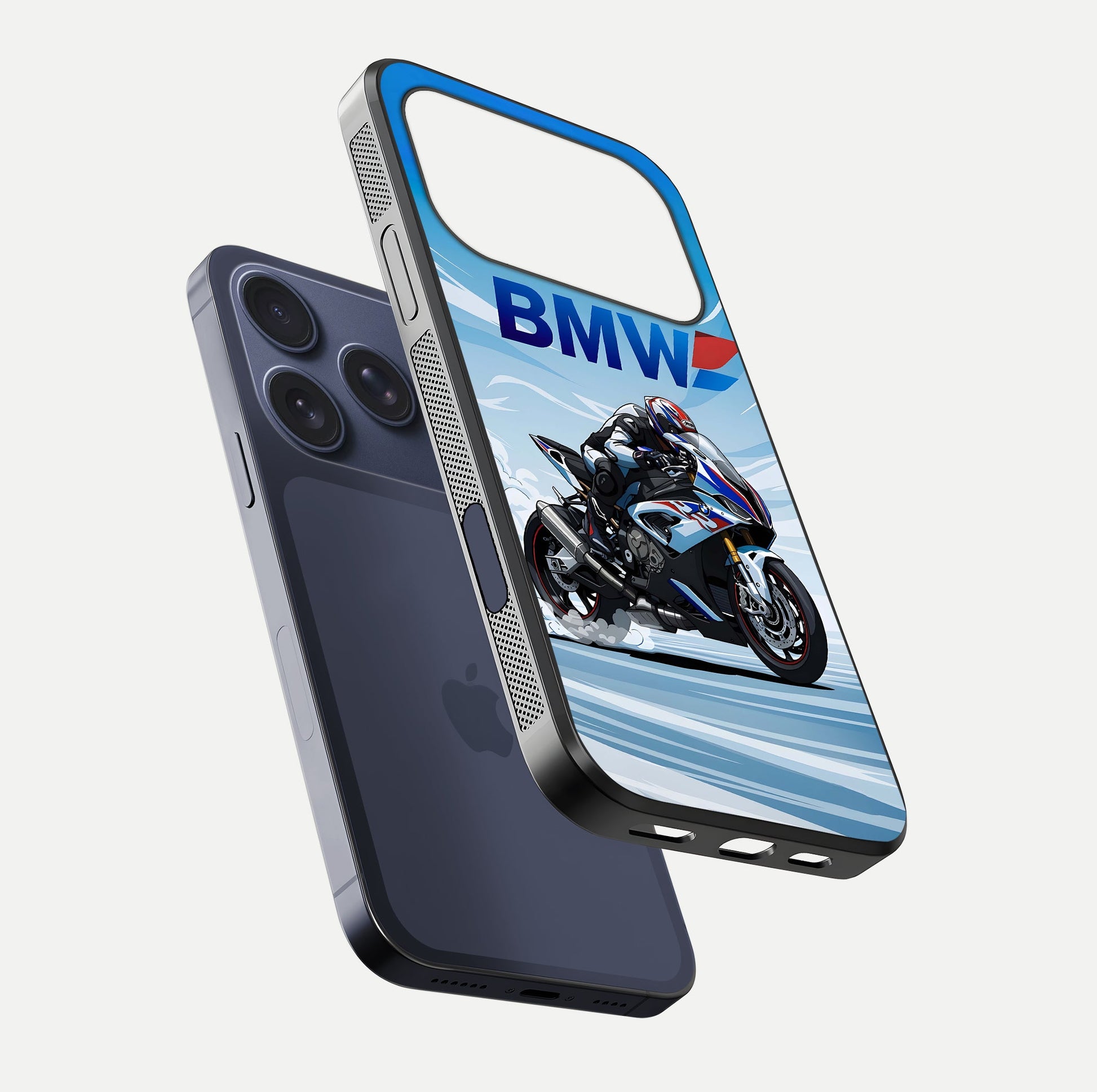 BMW Power Drift Glass Case for iPhone 17 Pro floating mockup displaying bold drift artwork and glossy polish