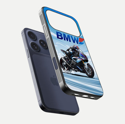 BMW Power Drift Glass Case for iPhone 17 Pro floating mockup displaying bold drift artwork and glossy polish