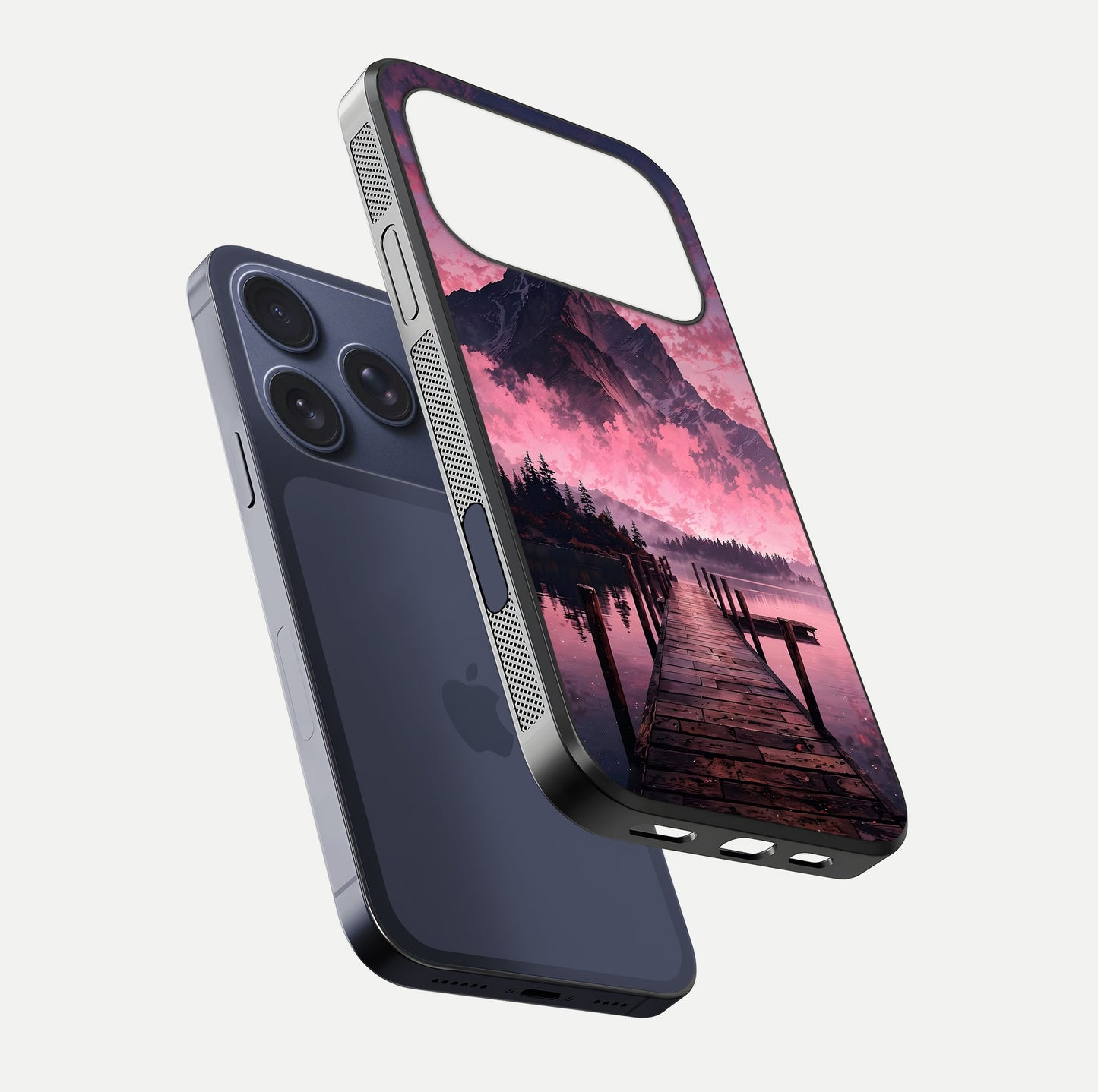 Beautyful Mountain View Glass Case for iPhone 16 Pro floating dual mockup showing edges and reflective sky print