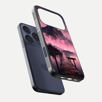 Beautyful Mountain View Glass Case for iPhone 16 Pro floating dual mockup showing edges and reflective sky print