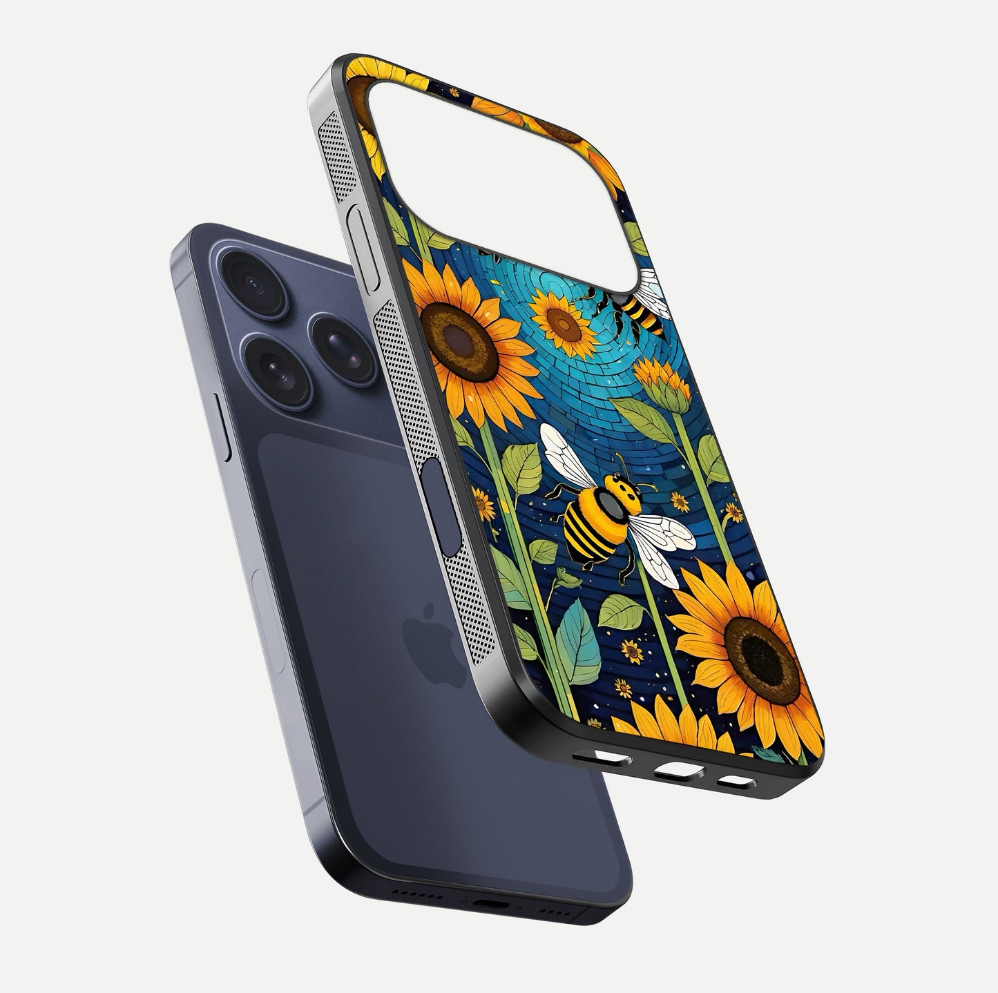 Bees & Sunflowers Glass Case for iPhone 16 Pro floating dual-view mockup displaying vibrant yellow tones and gloss texture