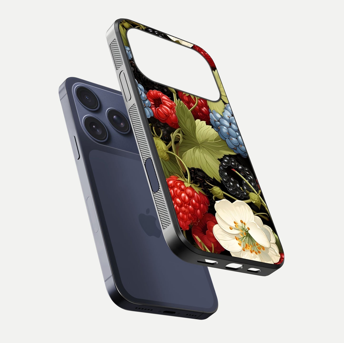 Berry Bloom Charm Glass Case for iPhone 17 Pro floating mockup capturing glossy reflection and curved-edge finish