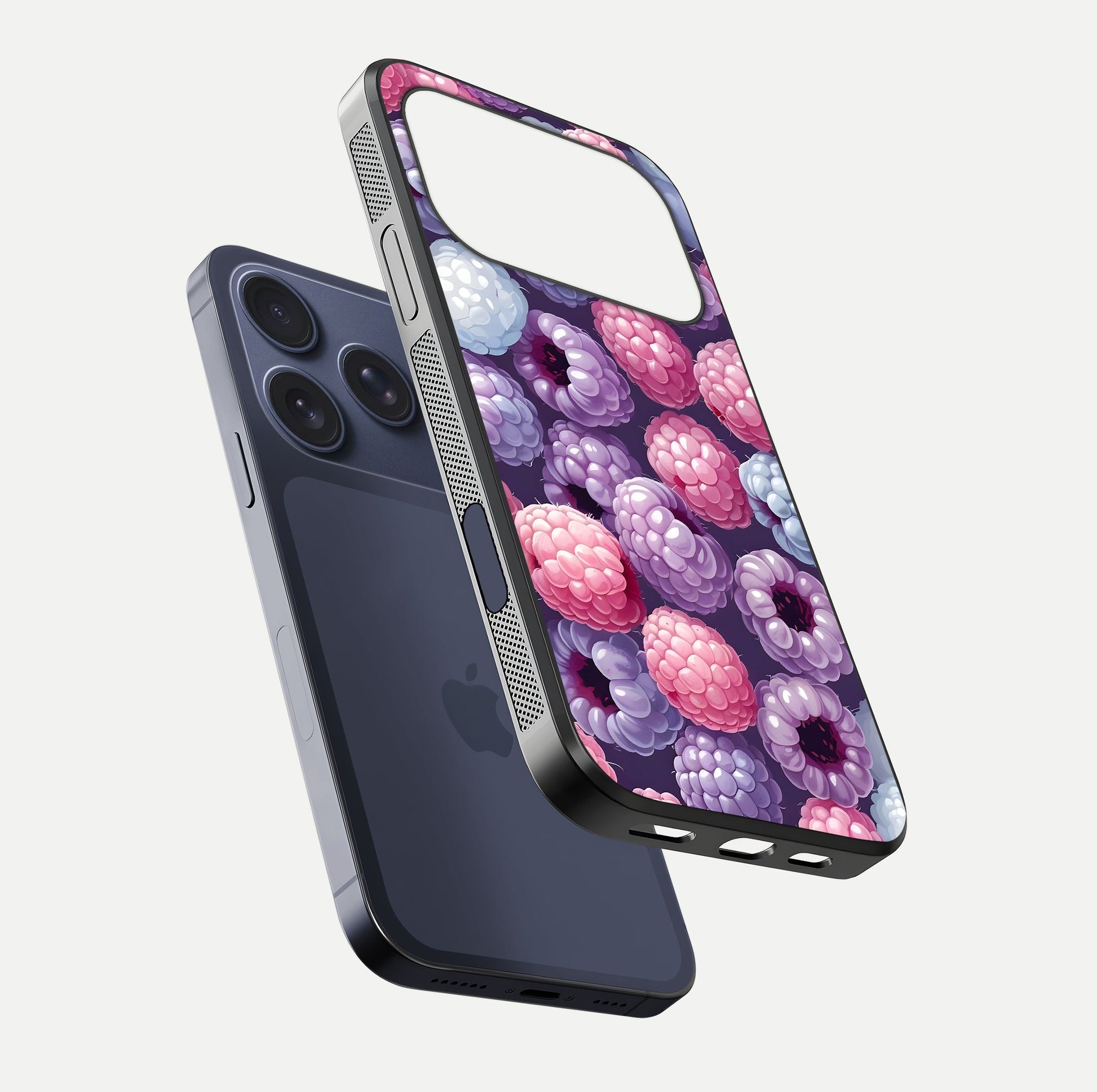 Berry Candy Pop Glass Case for iPhone 16 Pro floating dual-view mockup highlighting gloss shine and curved edges