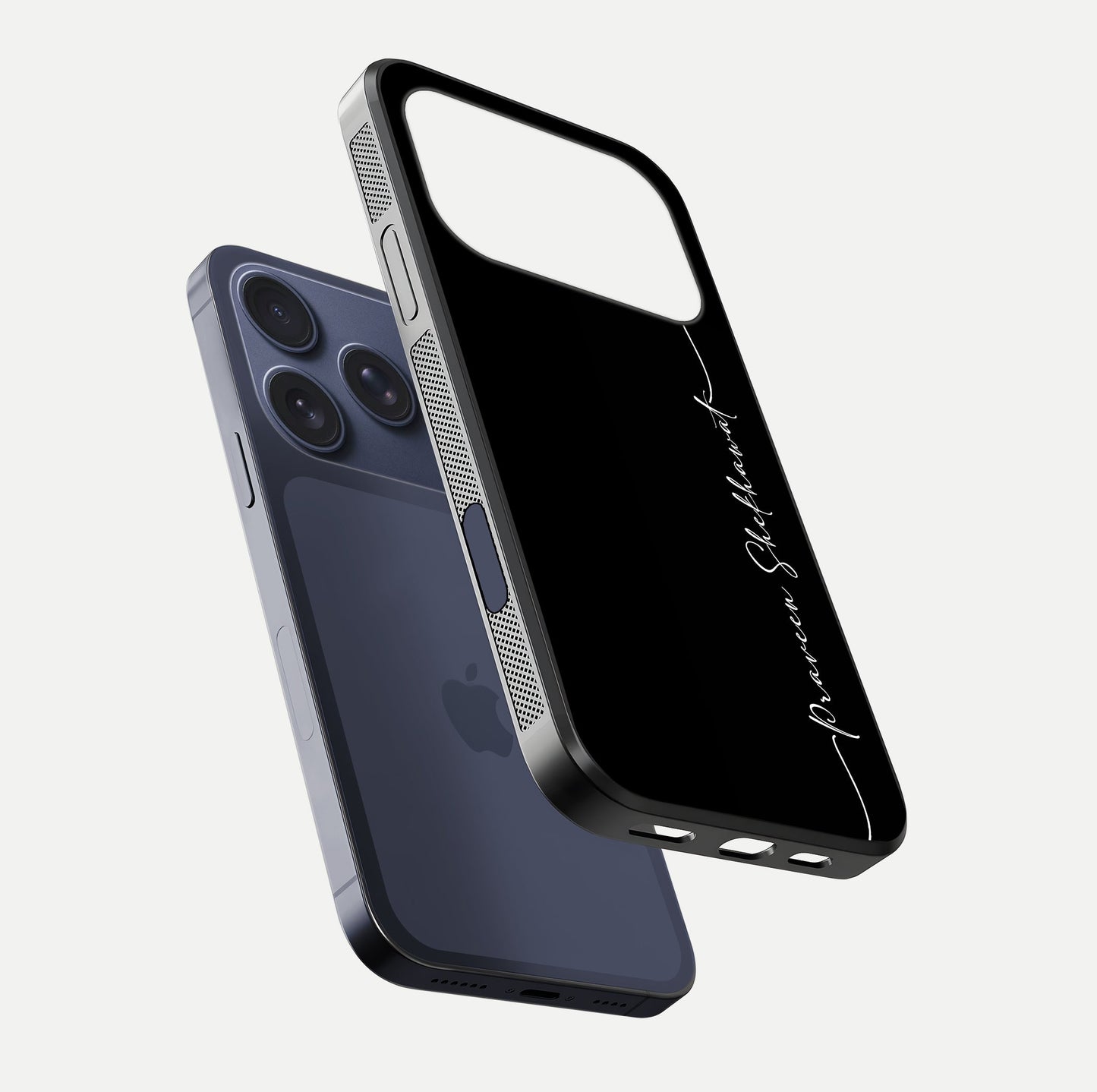 Black Tune Custom Name Glass Case for iPhone 16 Pro floating dual-view mockup emphasizing modern glossy texture