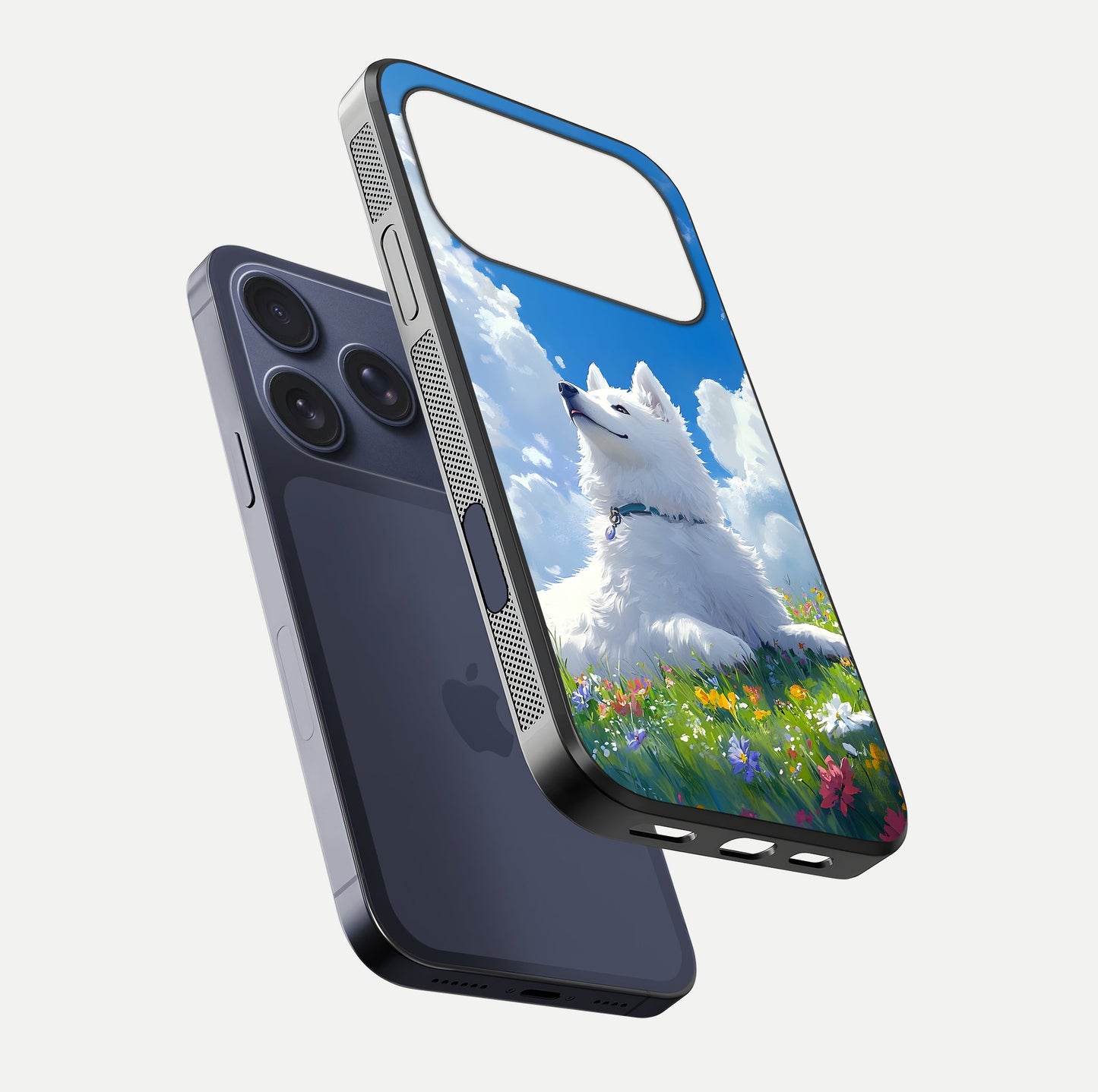 Blissful Cloud Pup Glass Case for iPhone 16 Pro floating mockup capturing playful aesthetic and gloss finish