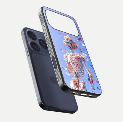 Bloom Beyond Bones Glass Case for iPhone 17 Pro floating mockup displaying shine, texture, and gloss detail